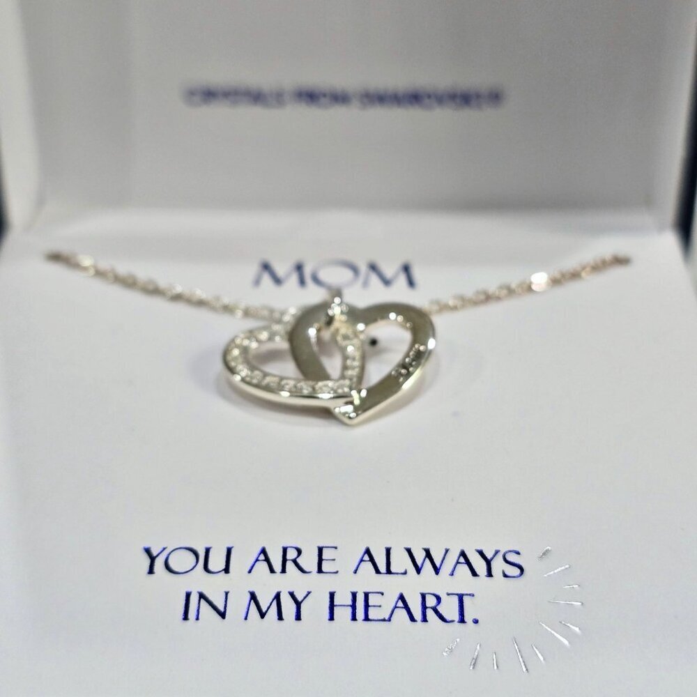 Sterling Silver ✦ Mom Double Heart Necklace ✦ Swarovski Crystal Pendant 18" NWT - Picture 6 of 7